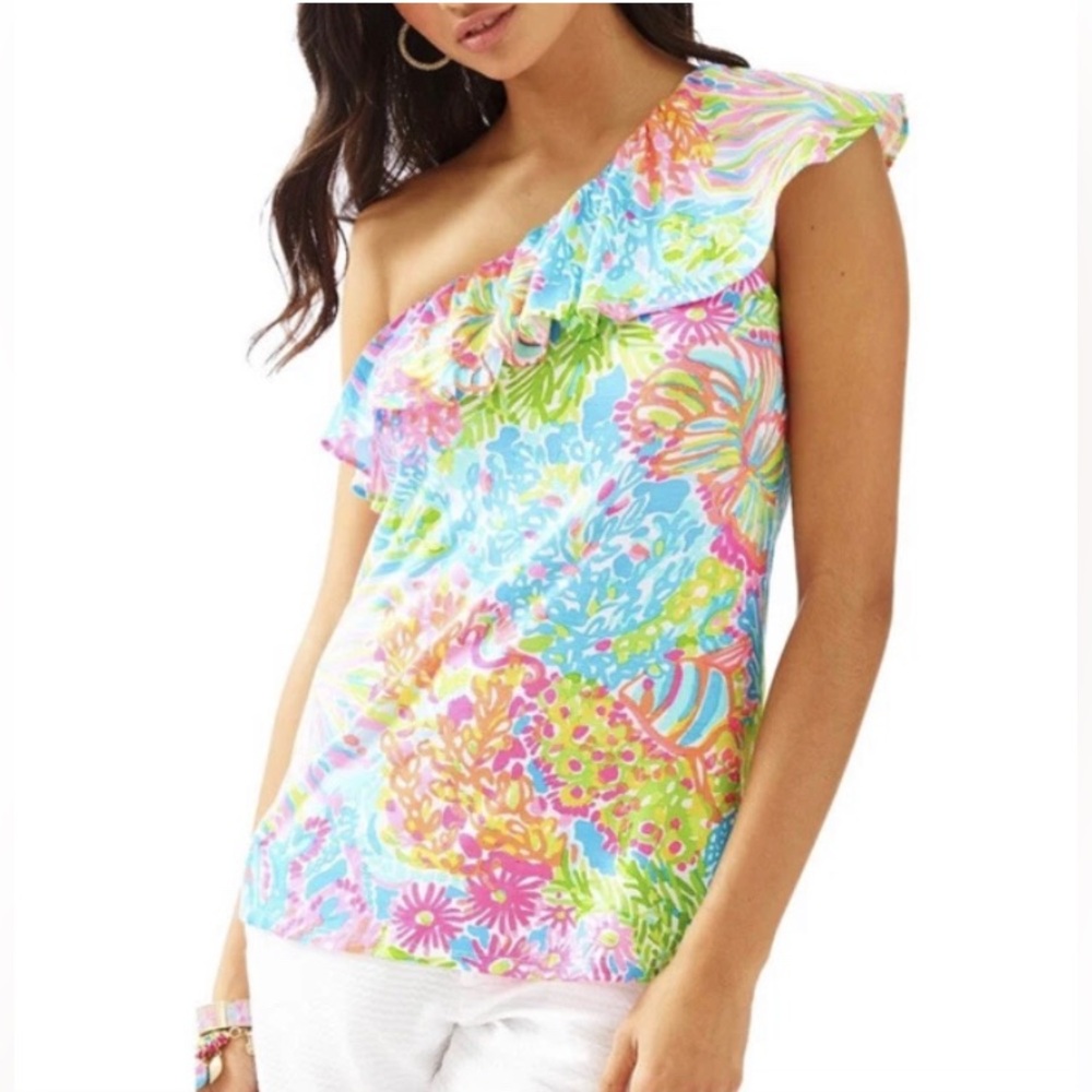 Lilly Pulitzer Women’s Neveah One Shoulder Ruffle Top Blouse Knit Floral Sz-M